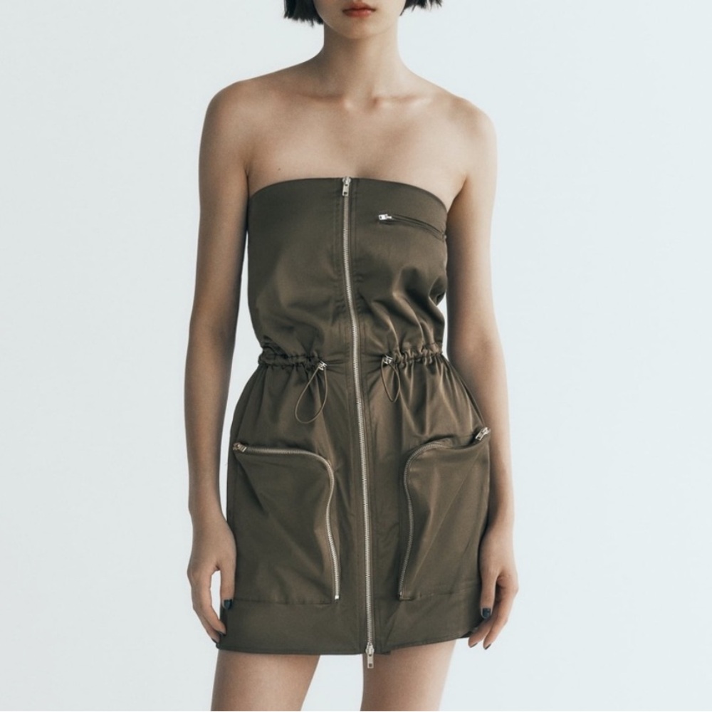 ZARA Strapless Nylon Utility Dress in Dark Khaki
